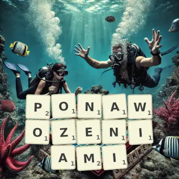 Kreatywna ilustracja do gry w Scrabble ze słowem PONAWOZENIAMI ułożonym z płytek na planszy.