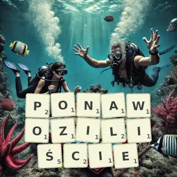 Kreatywna ilustracja do gry w Scrabble ze słowem PONAWOZILIŚCIE ułożonym z płytek na planszy.