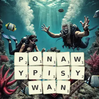 Kreatywna ilustracja do gry w Scrabble ze słowem PONAWYPISYWAN ułożonym z płytek na planszy.