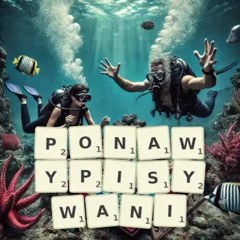 Kreatywna ilustracja do gry w Scrabble ze słowem PONAWYPISYWANI ułożonym z płytek na planszy.