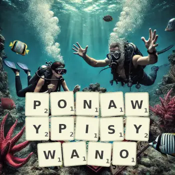 Kreatywna ilustracja do gry w Scrabble ze słowem PONAWYPISYWANO ułożonym z płytek na planszy.