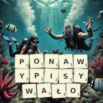 Kreatywna ilustracja do gry w Scrabble ze słowem PONAWYPISYWAŁO ułożonym z płytek na planszy.