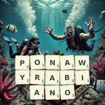 Kreatywna ilustracja do gry w Scrabble ze słowem PONAWYRABIANO ułożonym z płytek na planszy.