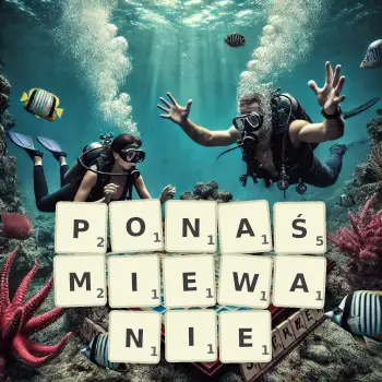 Kreatywna ilustracja do gry w Scrabble ze słowem PONAŚMIEWANIE ułożonym z płytek na planszy.