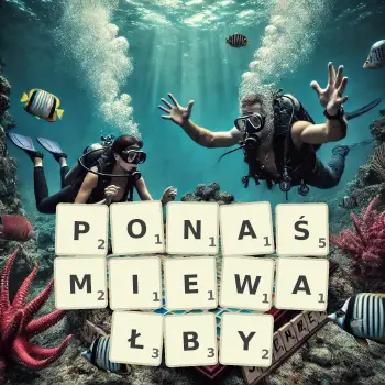 Kreatywna ilustracja do gry w Scrabble ze słowem PONAŚMIEWAŁBY ułożonym z płytek na planszy.