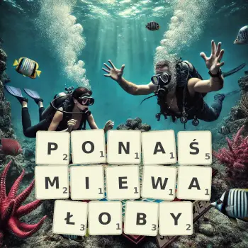 Kreatywna ilustracja do gry w Scrabble ze słowem PONAŚMIEWAŁOBY ułożonym z płytek na planszy.