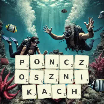 Kreatywna ilustracja do gry w Scrabble ze słowem PONCZOSZNIKACH ułożonym z płytek na planszy.