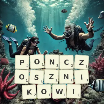 Kreatywna ilustracja do gry w Scrabble ze słowem PONCZOSZNIKOWI ułożonym z płytek na planszy.