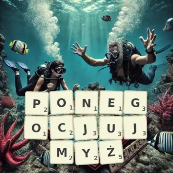 Kreatywna ilustracja do gry w Scrabble ze słowem PONEGOCJUJMYŻ ułożonym z płytek na planszy.