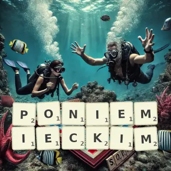 Kreatywna ilustracja do gry w Scrabble ze słowem PONIEMIECKIM ułożonym z płytek na planszy.