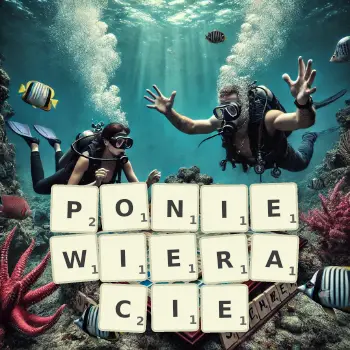 Kreatywna ilustracja do gry w Scrabble ze słowem PONIEWIERACIE ułożonym z płytek na planszy.