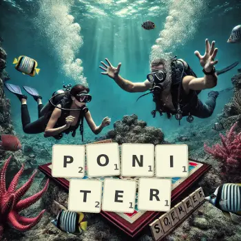 Kreatywna ilustracja do gry w Scrabble ze słowem PONITER ułożonym z płytek na planszy.