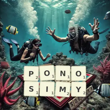 Kreatywna ilustracja do gry w Scrabble ze słowem PONOSIMY ułożonym z płytek na planszy.