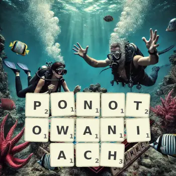 Kreatywna ilustracja do gry w Scrabble ze słowem PONOTOWANIACH ułożonym z płytek na planszy.