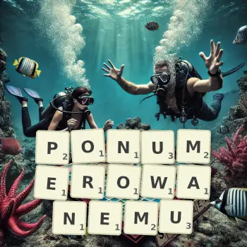 Kreatywna ilustracja do gry w Scrabble ze słowem PONUMEROWANEMU ułożonym z płytek na planszy.
