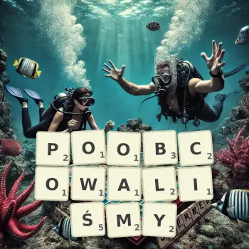 Kreatywna ilustracja do gry w Scrabble ze słowem POOBCOWALIŚMY ułożonym z płytek na planszy.