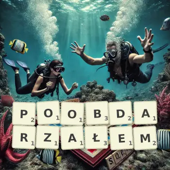 Kreatywna ilustracja do gry w Scrabble ze słowem POOBDARZAŁEM ułożonym z płytek na planszy.