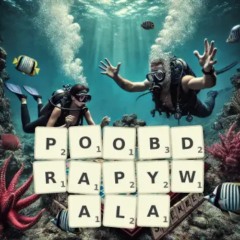 Kreatywna ilustracja do gry w Scrabble ze słowem POOBDRAPYWALA ułożonym z płytek na planszy.