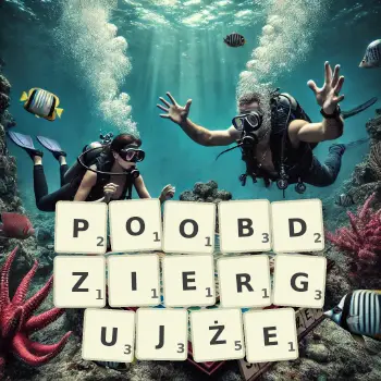 Kreatywna ilustracja do gry w Scrabble ze słowem POOBDZIERGUJŻE ułożonym z płytek na planszy.