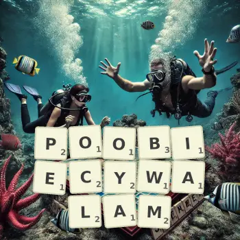 Kreatywna ilustracja do gry w Scrabble ze słowem POOBIECYWALAM ułożonym z płytek na planszy.