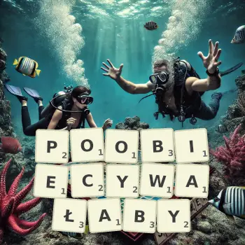 Kreatywna ilustracja do gry w Scrabble ze słowem POOBIECYWAŁABY ułożonym z płytek na planszy.