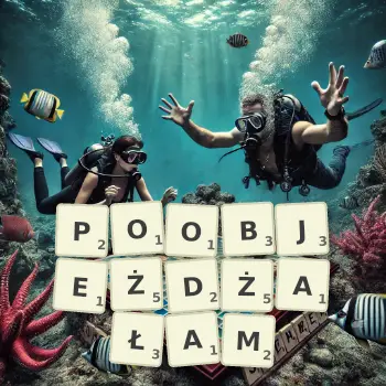 Kreatywna ilustracja do gry w Scrabble ze słowem POOBJEŻDŻAŁAM ułożonym z płytek na planszy.