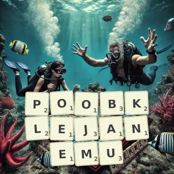 Kreatywna ilustracja do gry w Scrabble ze słowem POOBKLEJANEMU ułożonym z płytek na planszy.