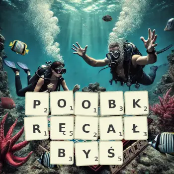 Kreatywna ilustracja do gry w Scrabble ze słowem POOBKRĘCAŁBYŚ ułożonym z płytek na planszy.