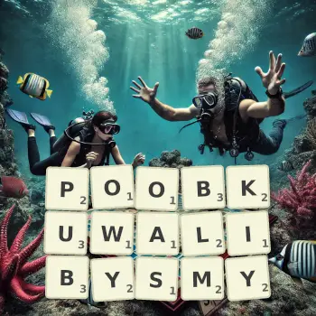 Kreatywna ilustracja do gry w Scrabble ze słowem POOBKUWALIBYSMY ułożonym z płytek na planszy.