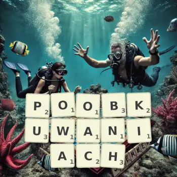 Kreatywna ilustracja do gry w Scrabble ze słowem POOBKUWANIACH ułożonym z płytek na planszy.