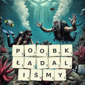 Kreatywna ilustracja do gry w Scrabble ze słowem POOBKŁADALIŚMY ułożonym z płytek na planszy.
