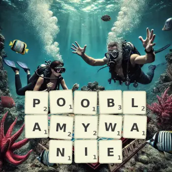 Kreatywna ilustracja do gry w Scrabble ze słowem POOBLAMYWANIE ułożonym z płytek na planszy.