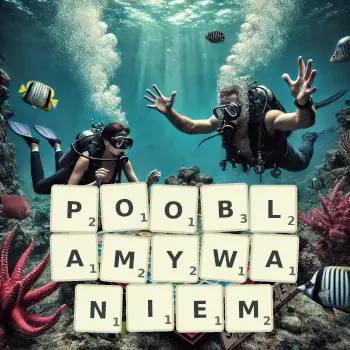 Kreatywna ilustracja do gry w Scrabble ze słowem POOBLAMYWANIEM ułożonym z płytek na planszy.