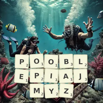 Kreatywna ilustracja do gry w Scrabble ze słowem POOBLEPIAJMYZ ułożonym z płytek na planszy.