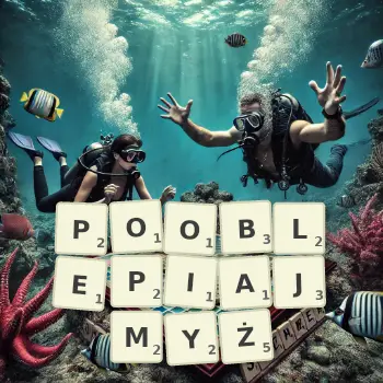 Kreatywna ilustracja do gry w Scrabble ze słowem POOBLEPIAJMYŻ ułożonym z płytek na planszy.