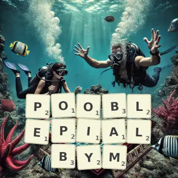 Kreatywna ilustracja do gry w Scrabble ze słowem POOBLEPIALBYM ułożonym z płytek na planszy.