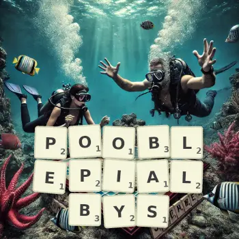Kreatywna ilustracja do gry w Scrabble ze słowem POOBLEPIALBYS ułożonym z płytek na planszy.