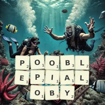 Kreatywna ilustracja do gry w Scrabble ze słowem POOBLEPIALOBY ułożonym z płytek na planszy.
