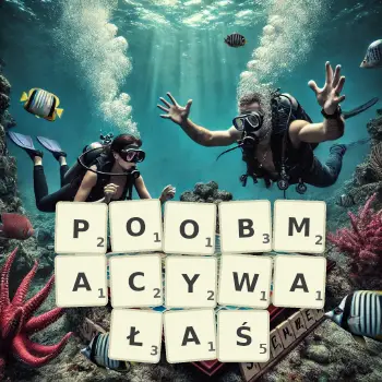 Kreatywna ilustracja do gry w Scrabble ze słowem POOBMACYWAŁAŚ ułożonym z płytek na planszy.