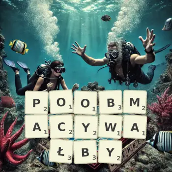 Kreatywna ilustracja do gry w Scrabble ze słowem POOBMACYWAŁBY ułożonym z płytek na planszy.