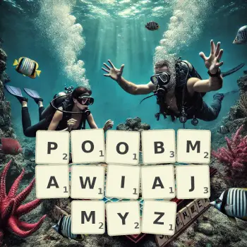 Kreatywna ilustracja do gry w Scrabble ze słowem POOBMAWIAJMYZ ułożonym z płytek na planszy.