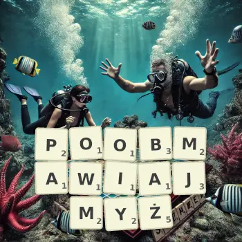 Kreatywna ilustracja do gry w Scrabble ze słowem POOBMAWIAJMYŻ ułożonym z płytek na planszy.