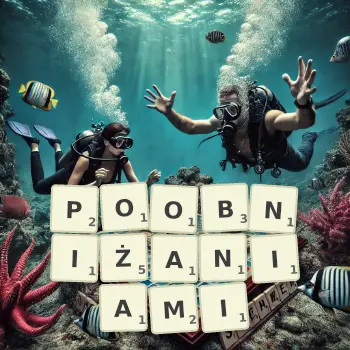Kreatywna ilustracja do gry w Scrabble ze słowem POOBNIŻANIAMI ułożonym z płytek na planszy.