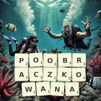 Kreatywna ilustracja do gry w Scrabble ze słowem POOBRACZKOWANA ułożonym z płytek na planszy.