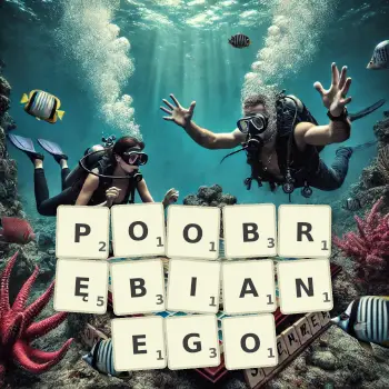 Kreatywna ilustracja do gry w Scrabble ze słowem POOBRĘBIANEGO ułożonym z płytek na planszy.