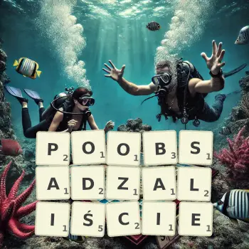 Kreatywna ilustracja do gry w Scrabble ze słowem POOBSADZALIŚCIE ułożonym z płytek na planszy.