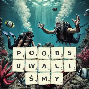 Kreatywna ilustracja do gry w Scrabble ze słowem POOBSUWALIŚMY ułożonym z płytek na planszy.