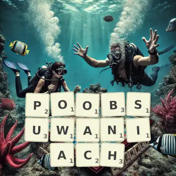 Kreatywna ilustracja do gry w Scrabble ze słowem POOBSUWANIACH ułożonym z płytek na planszy.