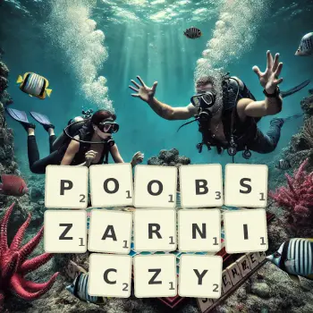 Kreatywna ilustracja do gry w Scrabble ze słowem POOBSZARNICZY ułożonym z płytek na planszy.