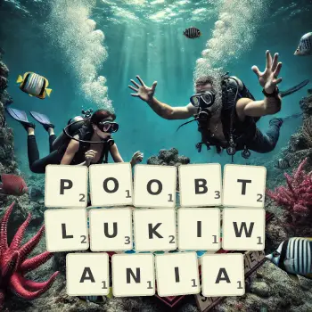 Kreatywna ilustracja do gry w Scrabble ze słowem POOBTLUKIWANIA ułożonym z płytek na planszy.